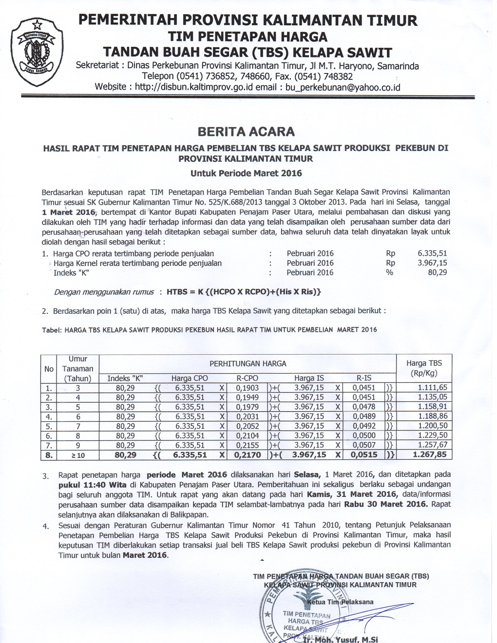 Informasi Harga TBS Kelapa Sawit Bulan Maret 2016