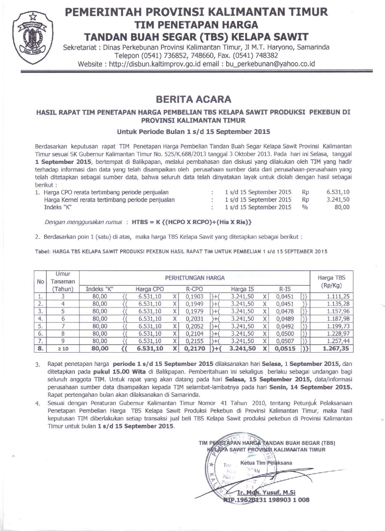 Informasi Harga TBS Kelapa Sawit Periode 1 Sd 15 September 2015