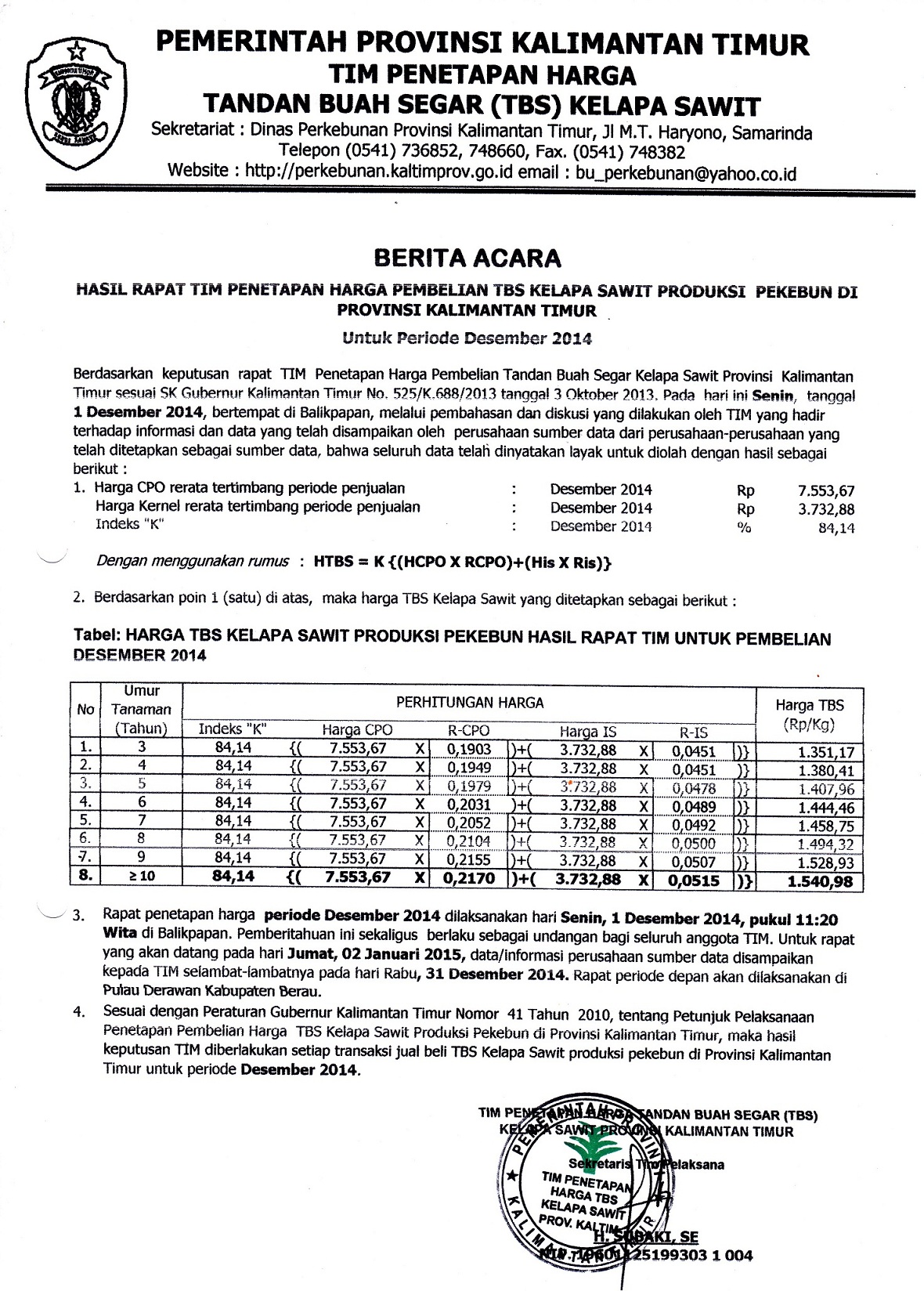 Informasi Harga TBS Kelapa Sawit Bulan Desember 2014