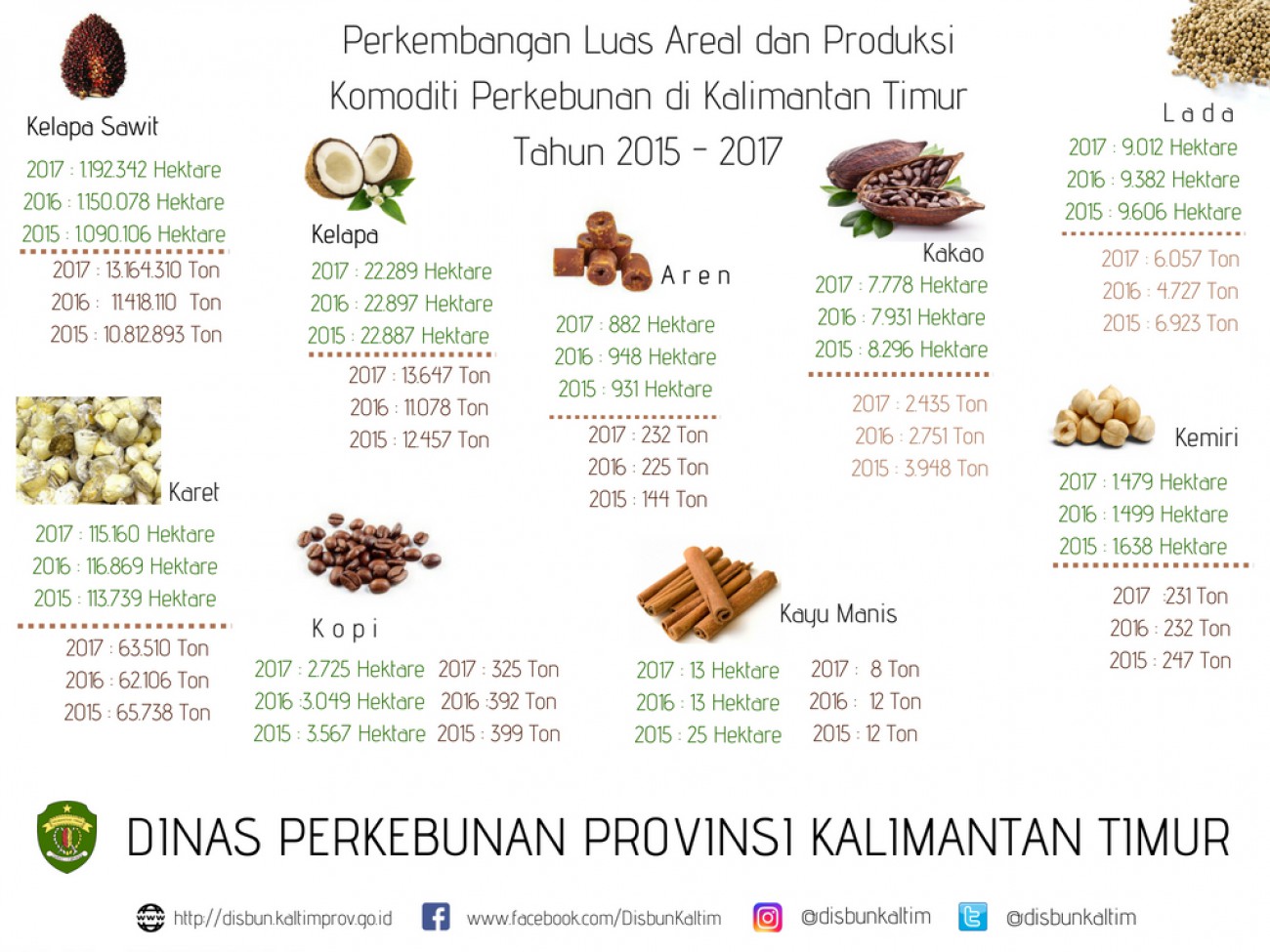 Perkembangan Luas Areal dan Produksi Perkebunan Kalimantan Timur Tahun 2015 - 2017
